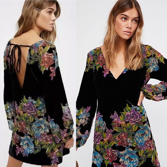 Free People Dresses & Skirts - Free people Misha velvet V neck tie back burnout mini dress black floral